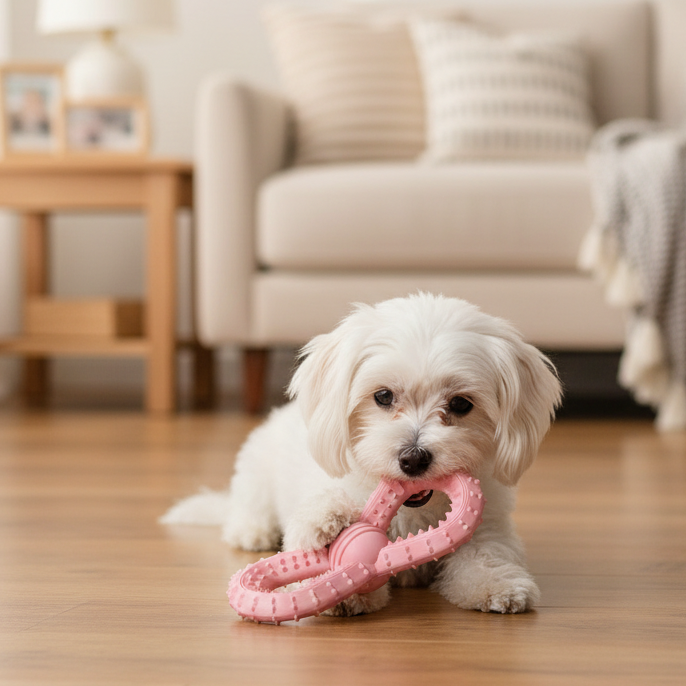 Pink bite-resistant molar ball dog toy in a small dog’s mouth