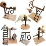 Wood parrot training station with beaded ladder, cup perches, and hanging rope loop.