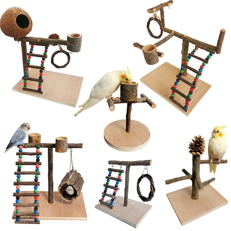 Wood parrot training station with beaded ladder, cup perches, and hanging rope loop.