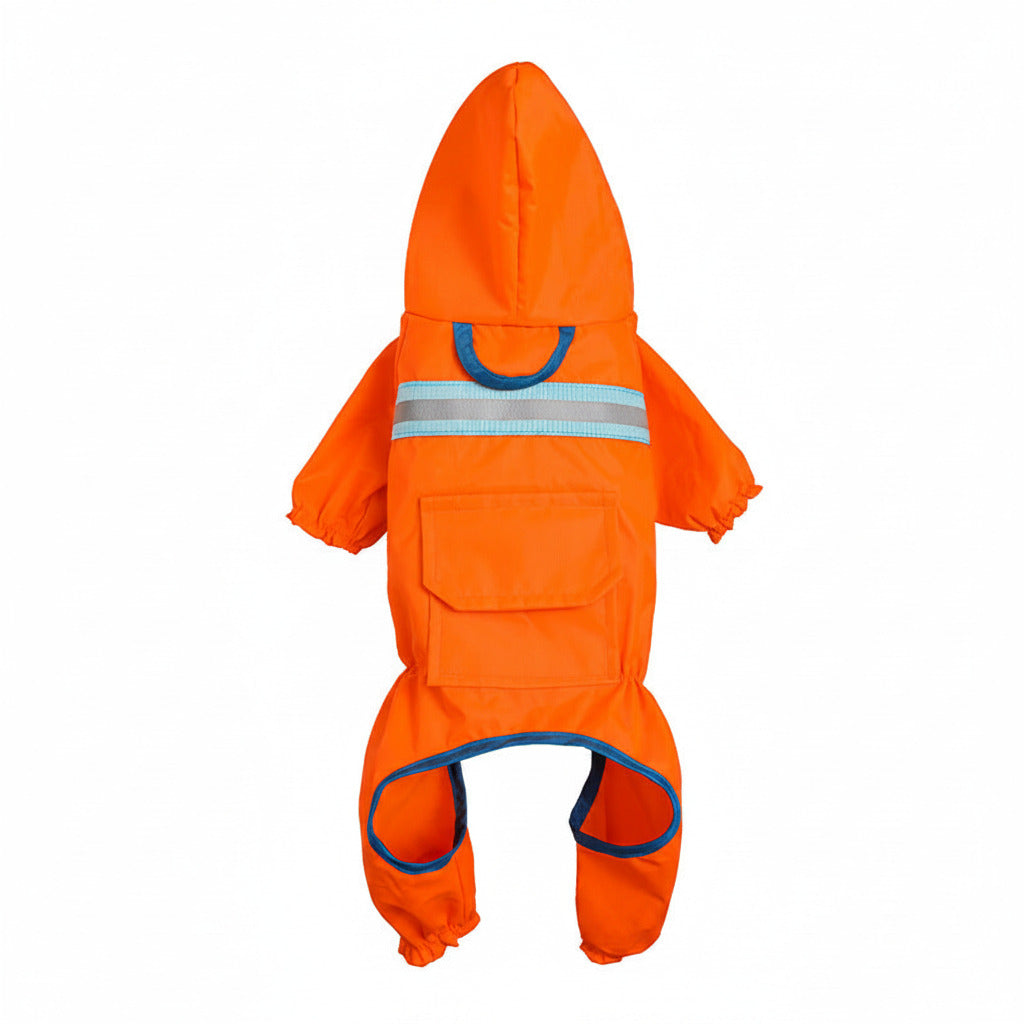 Reflective raincoat for dogs, orange with hood, reflective band, and front pockets