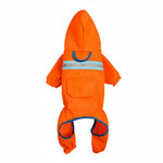 Reflective raincoat for dogs, orange with hood, reflective band, and front pockets