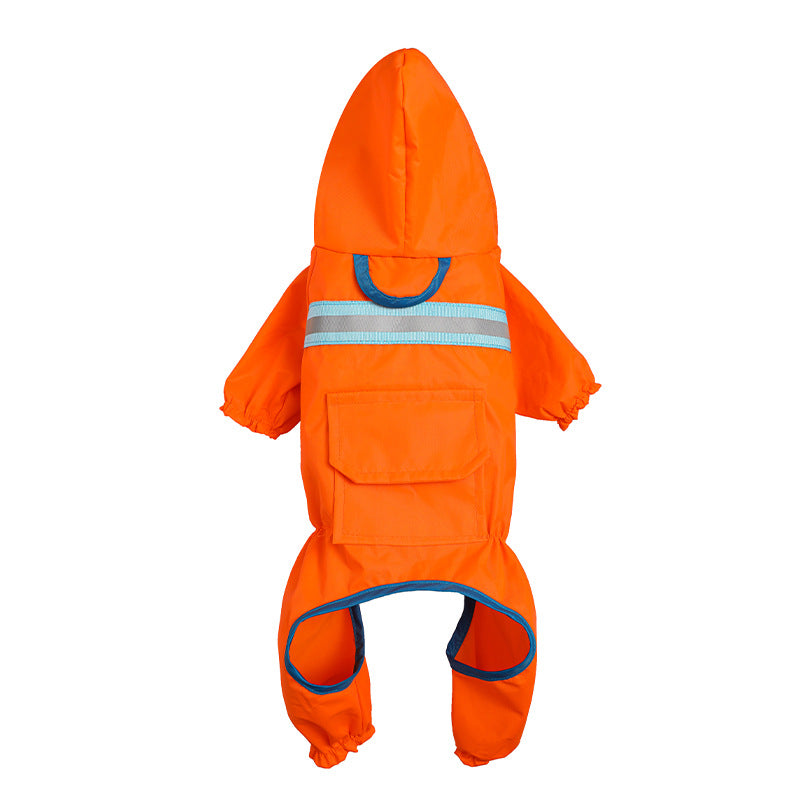 Reflective raincoat for dogs, orange with blue reflective bands and hood