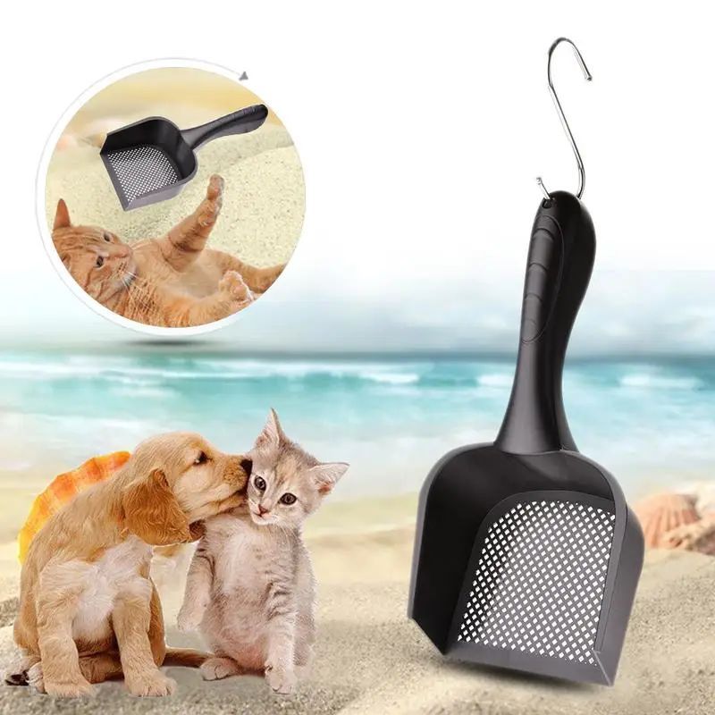 Black plastic cat litter scoop with perforated tray and ergonomic long handle
