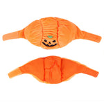 Orange plush pumpkin pet costume hat, jack-o-lantern face with dangling straps