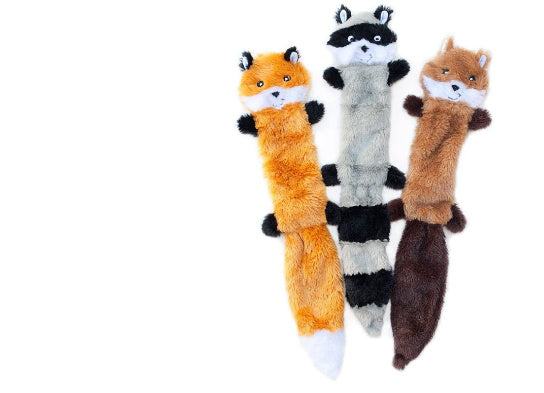 Animal-shaped plush squeaky pet toy set, three long designs in yellow, gray, and brown
