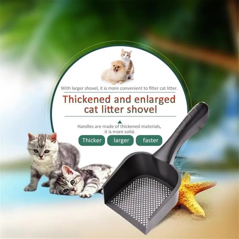 Black plastic cat litter scoop with perforated tray and long ergonomic handle