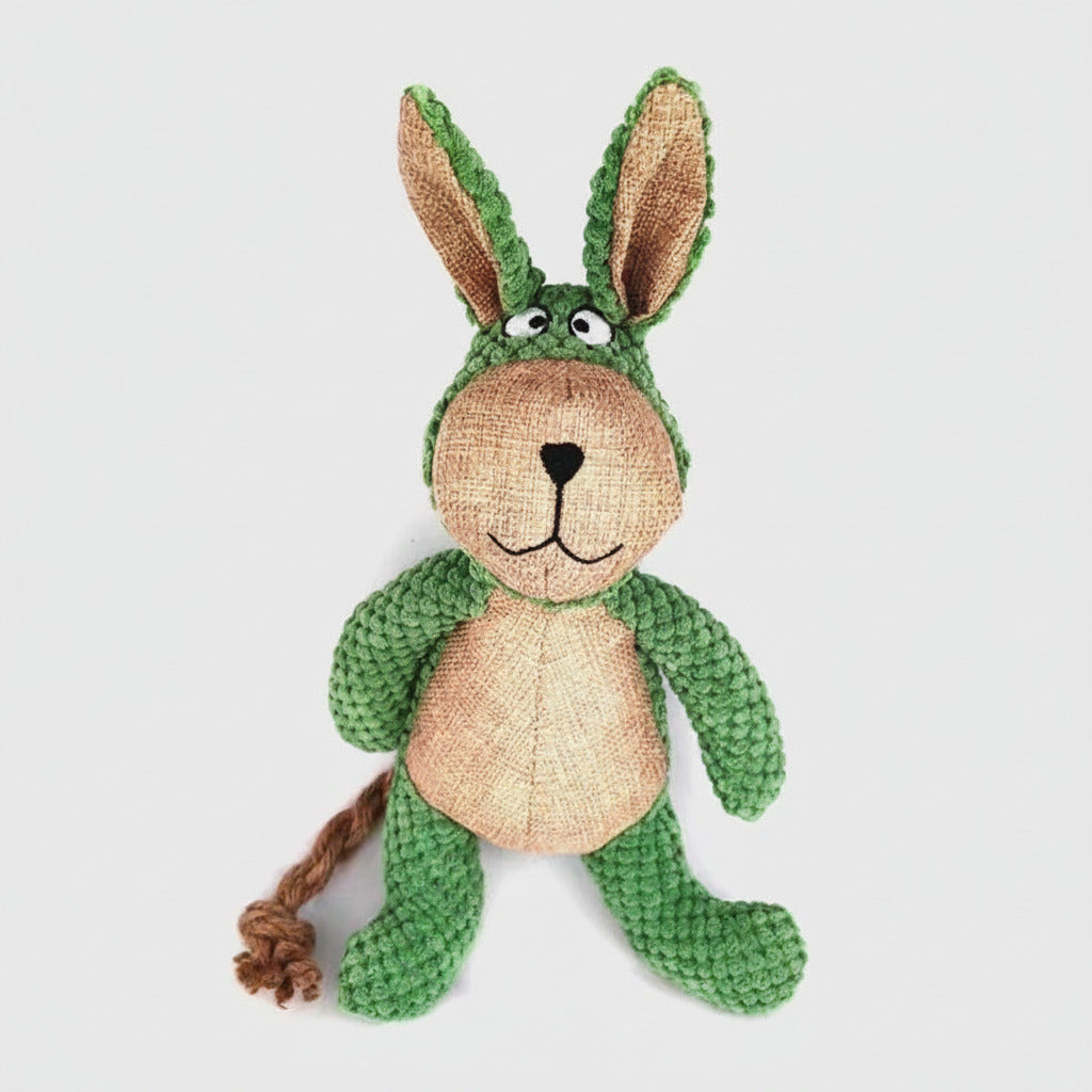 Green and beige rope-knit bunny plush pet toy with embroidered face and black nose