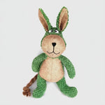 Green and beige rope-knit bunny plush pet toy with embroidered face and black nose