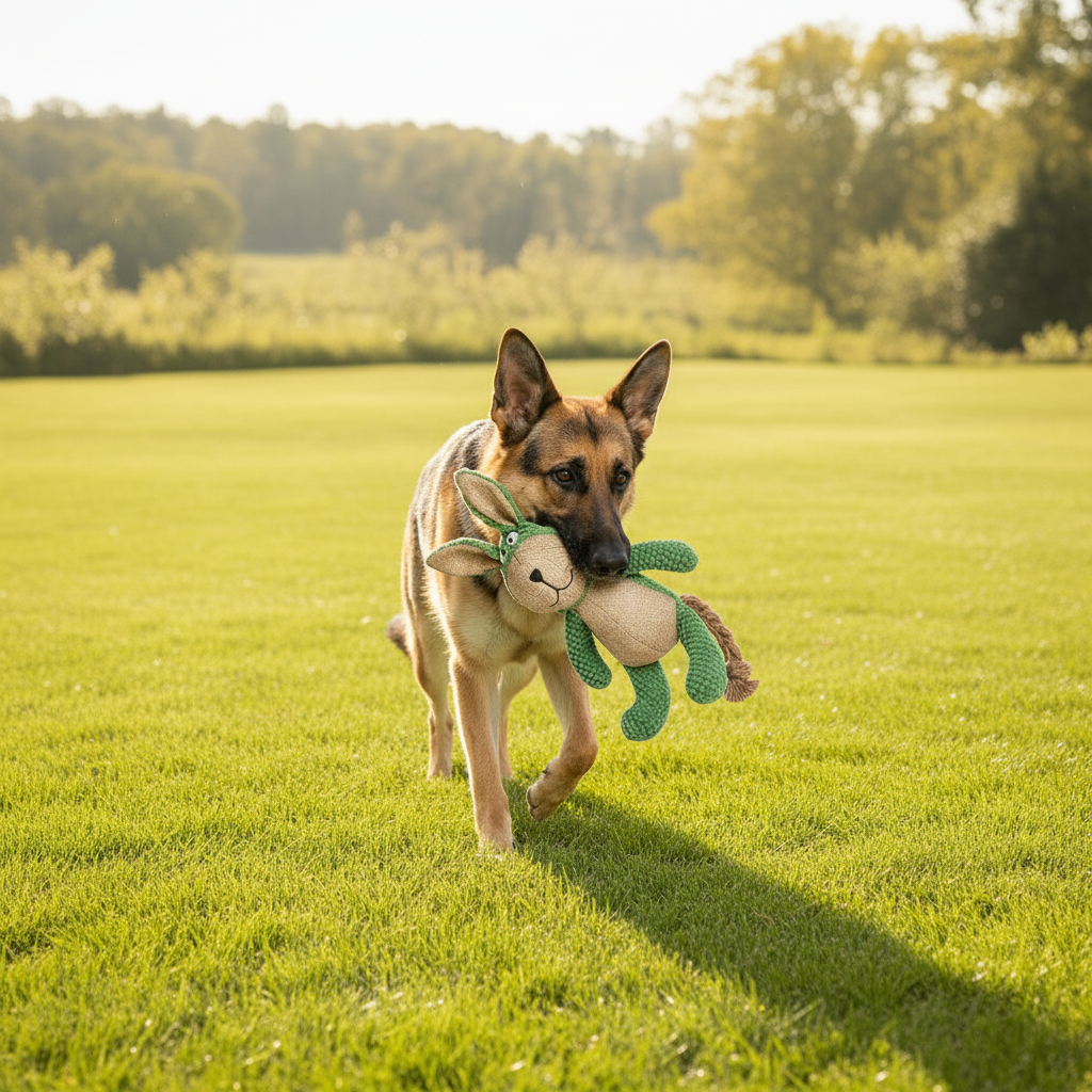 Green rope-knit animal plush doll toy in a dog’s mouth, with beige muzzle