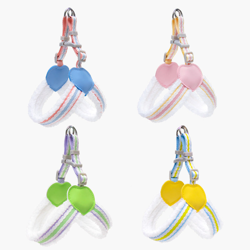 Dog chest harness with leash, heart pads in blue, pink, green, and purple