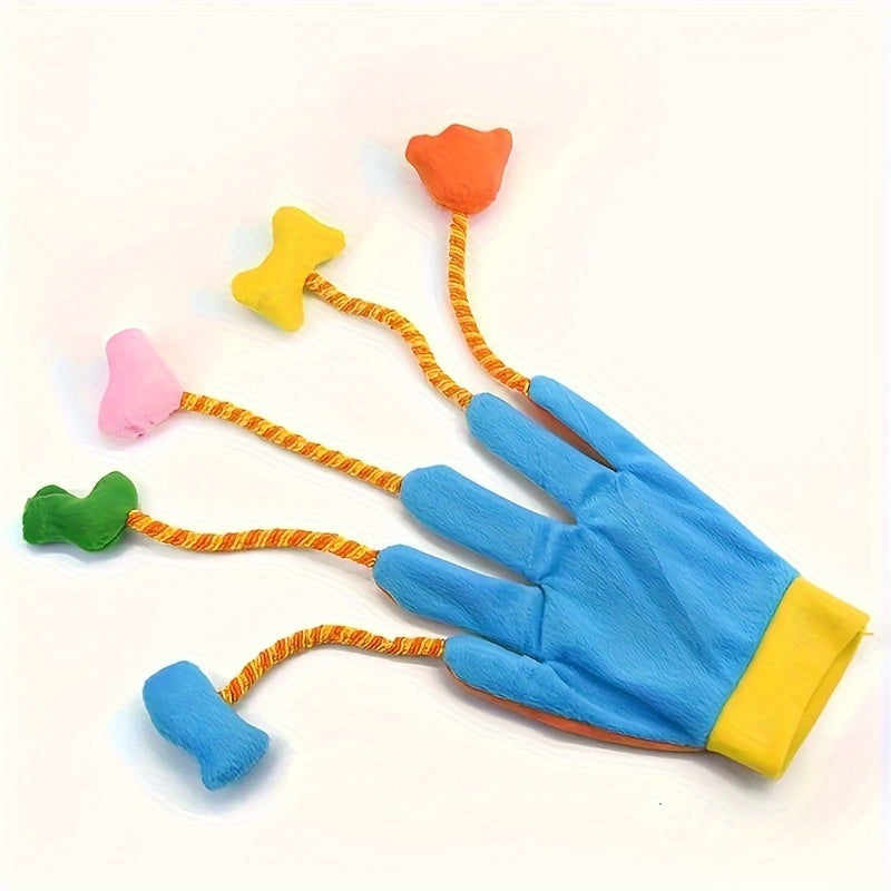 Blue plush cat magic bell glove with yellow cuff and multicolor dangling bell toys