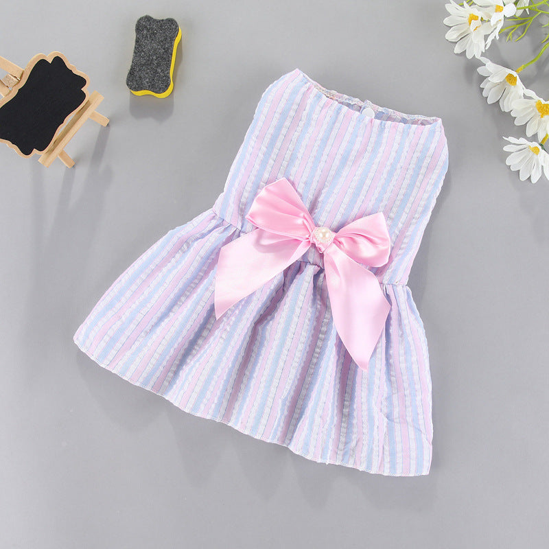 Lavender striped pet dress skirt with pastel pink ribbon bow