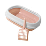 Anti-splash litter box tray in peach with white frame and matching scoop