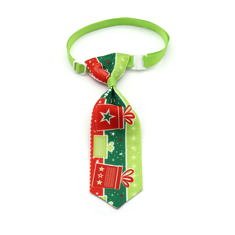 Pet bow tie with light green strap and green-and-red holiday neck tie with starched house print