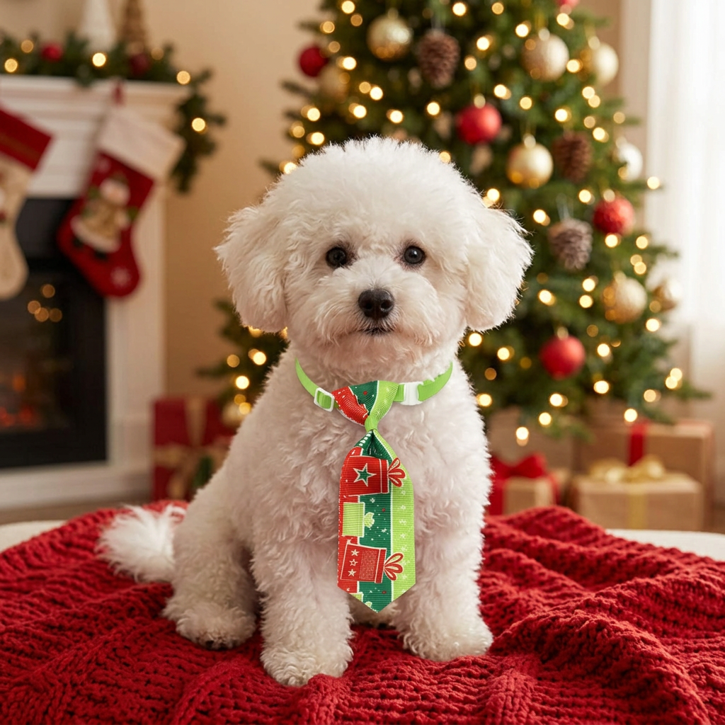 Pet Christmas necktie in green with red gift motif, secured with a front knot.