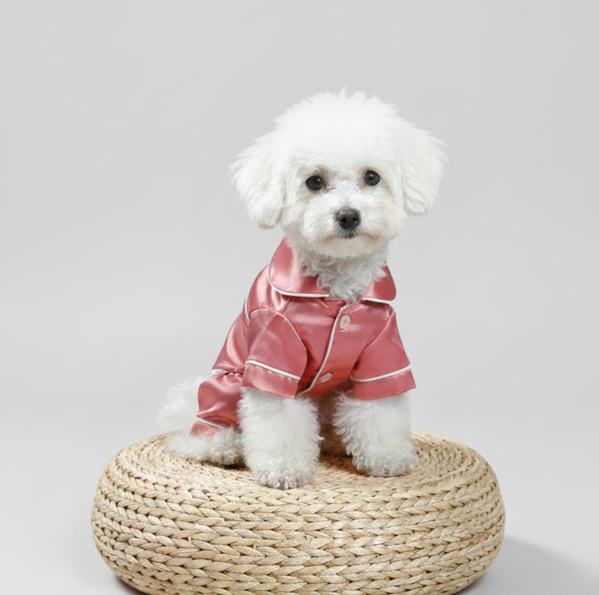 Pink satin pet pajama jacket with folded collar and contrast trim