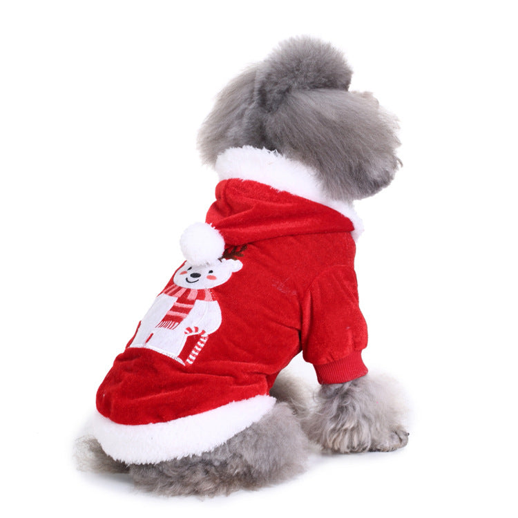 Red hooded dog costume with white trim, snowman graphic, and ear tufts