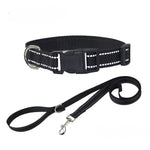 Black dog collar and leash set with striped webbing, metal D-ring and buckle clasp.