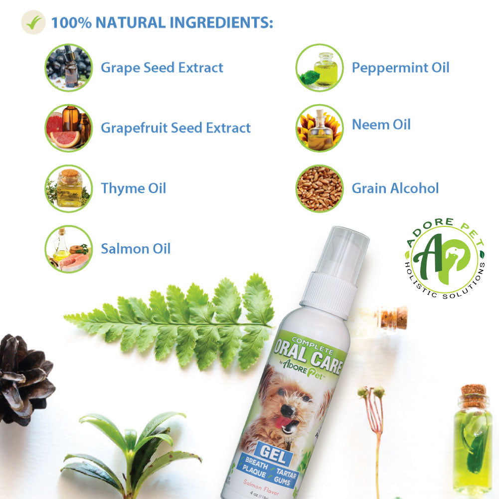 Salmon oral care gel bottle with white sprayer and ingredient illustrations around it