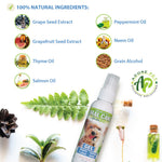 Salmon oral care gel bottle with white sprayer and ingredient illustrations around it