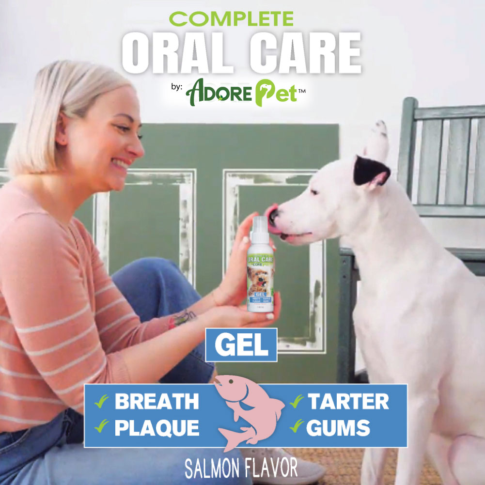 Salmon oral care gel bottle with white mist sprayer, held for dog mouth application