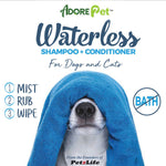 Waterless shampoo and conditioner for dogs and cats label with blue hooded dog