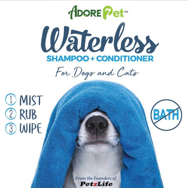 Waterless shampoo and conditioner for dogs and cats label with blue hooded dog