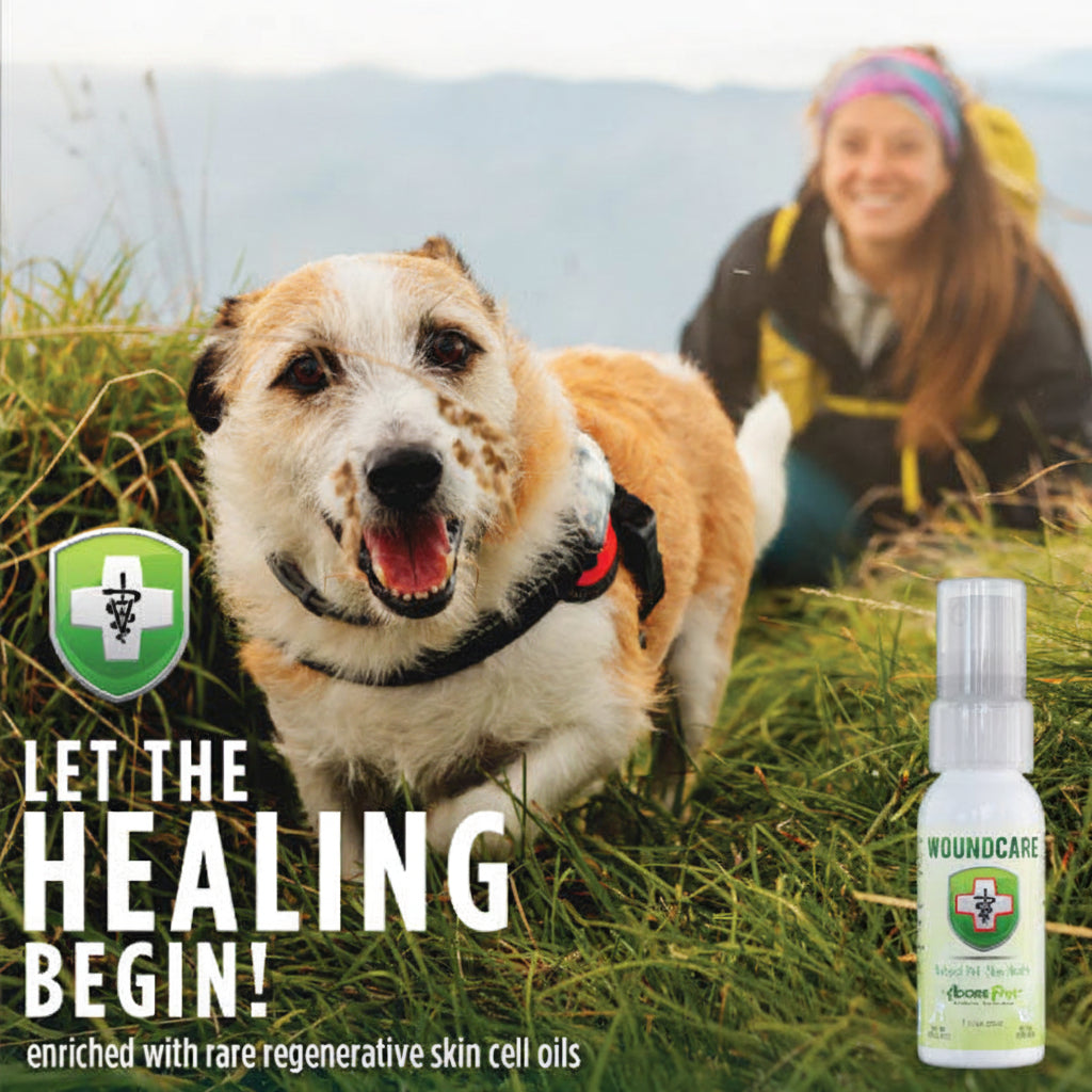 Adore Pet WoundCare spray bottle with shield label for pet healing skin