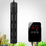 Quartz submersible aquarium heater with digital controller showing set and current temperature