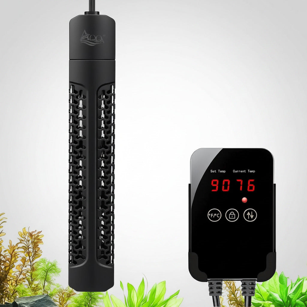 Quartz submersible aquarium heater with digital controller showing set and current temperature
