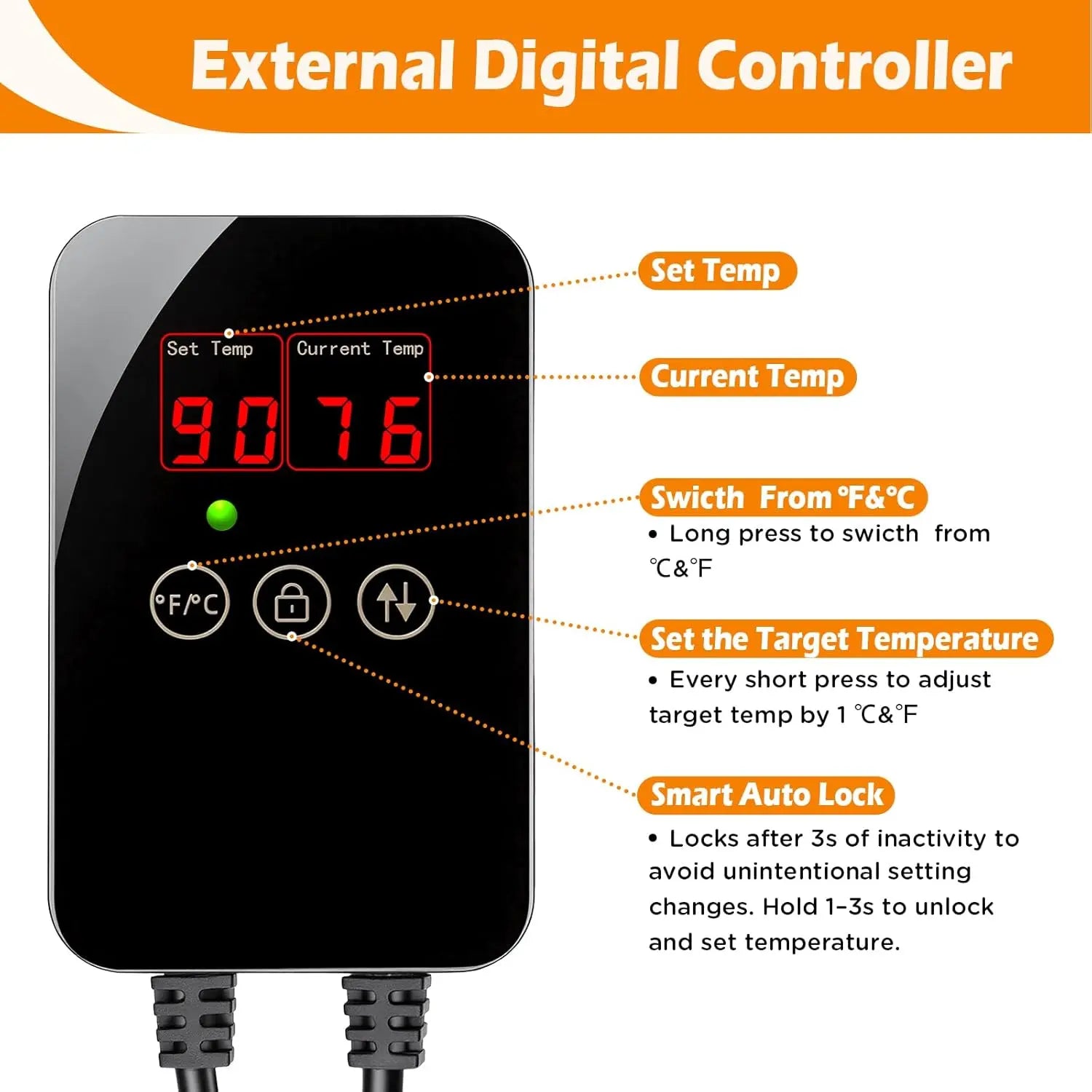 Digital controller with Set Temp and Current Temp readouts, red digits and buttons