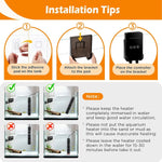Installation tips diagram showing heater placement steps and controller mounting on bracket