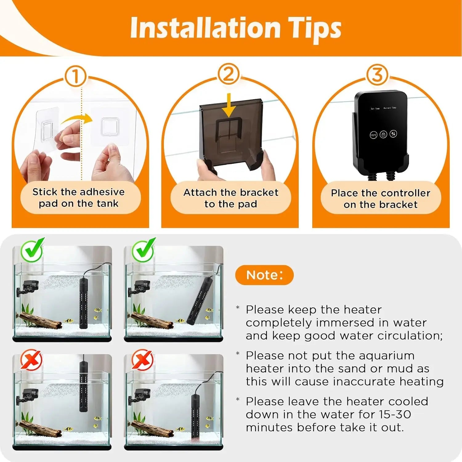 Installation tips diagram showing heater placement steps and controller mounting on bracket