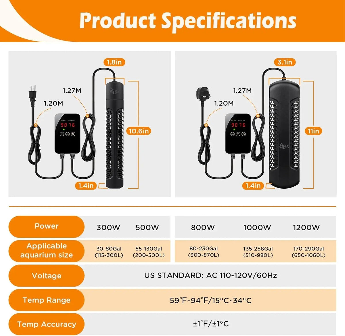 Heater specifications: power 500W–1000W, aquarium size range, and temperature accuracy
