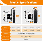 Heater specifications: power 500W–1000W, aquarium size range, and temperature accuracy