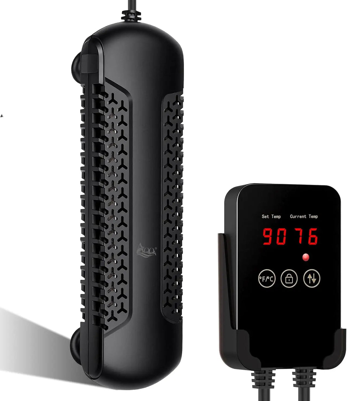 Submersible quartz heater with textured heating grid and LCD temperature controller
