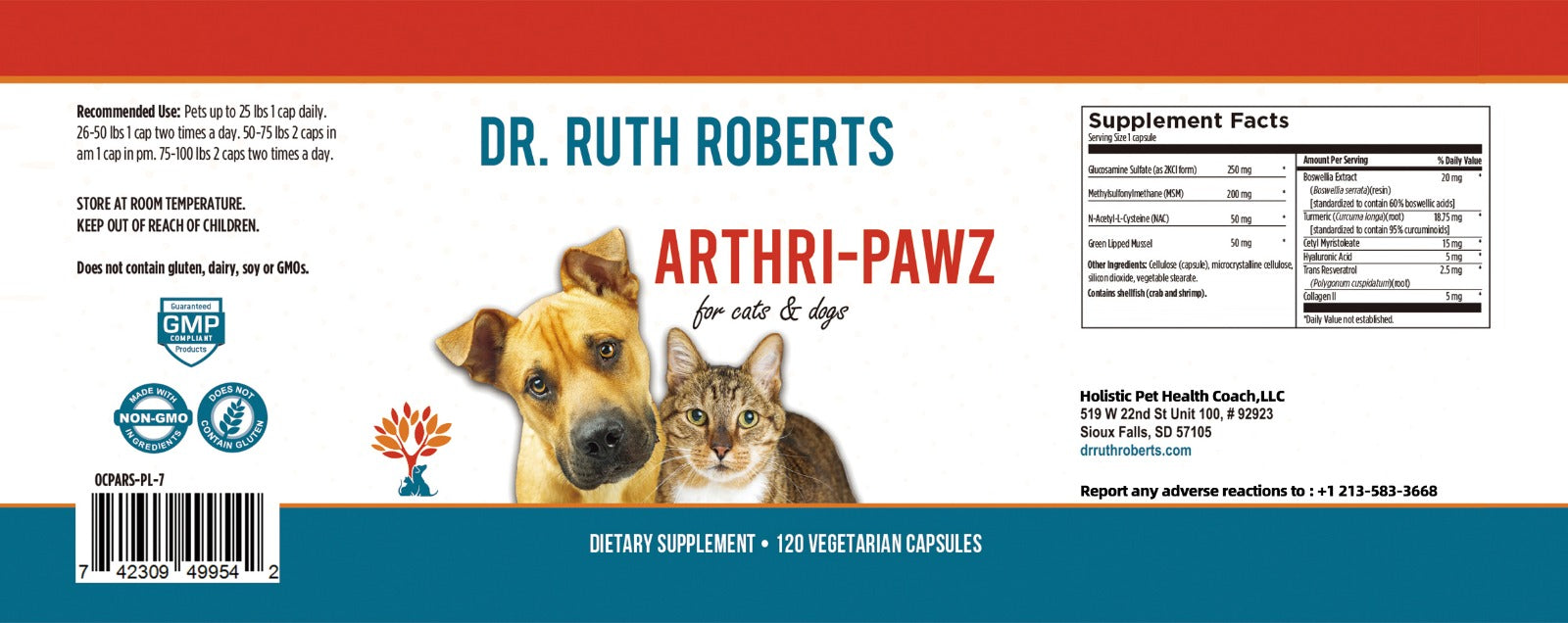 Pet joint support dietary supplement back label with Supplement Facts