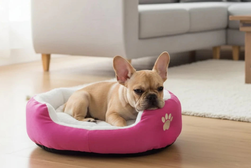 Pink round pet bed with white plush liner and paw emblem, dog sleeping inside