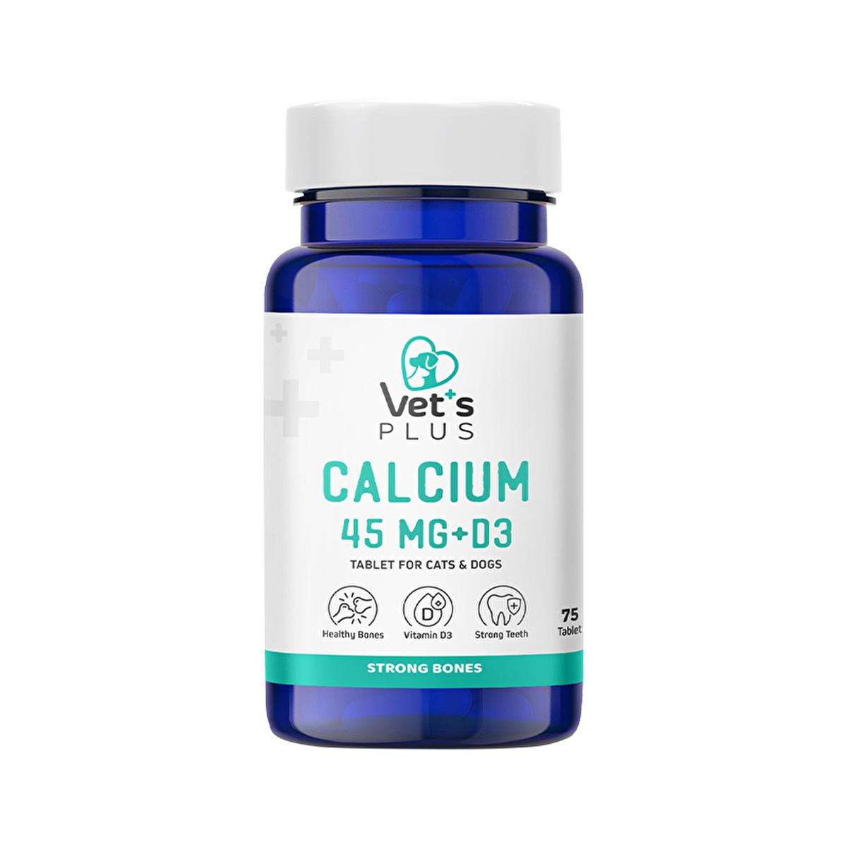 Vet's Plus Calcium 45 mg + D3 tablet supplement bottle for cats and dogs, 75 tablets
