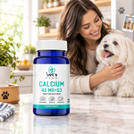 Vet's Plus Calcium 45 mg + D3 tablet supplement bottle, 75 tablets, with teal label