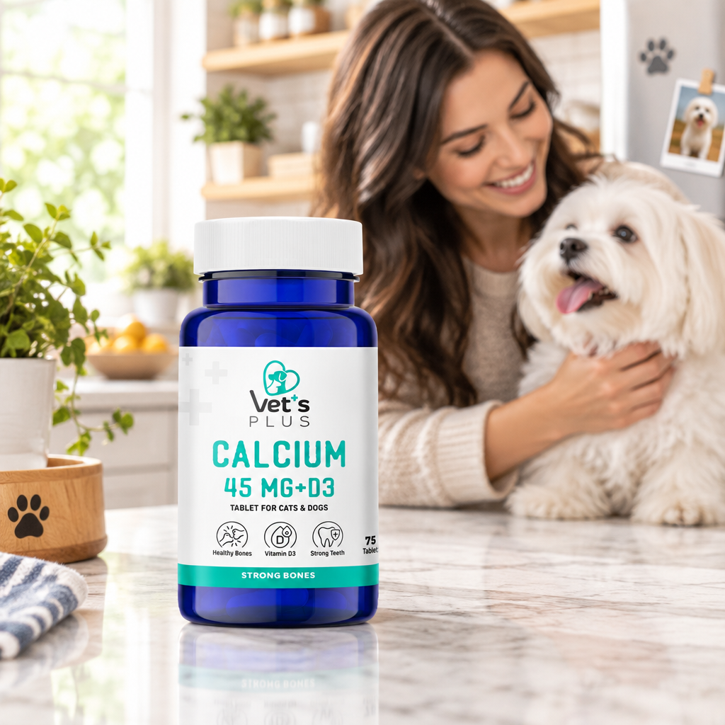 Vet's Plus Calcium 45 mg + D3 tablet supplement bottle, 75 tablets, with teal label