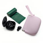 Mauve silicone treat pouch with wrist strap, plus waste bag roll and dispenser pieces.