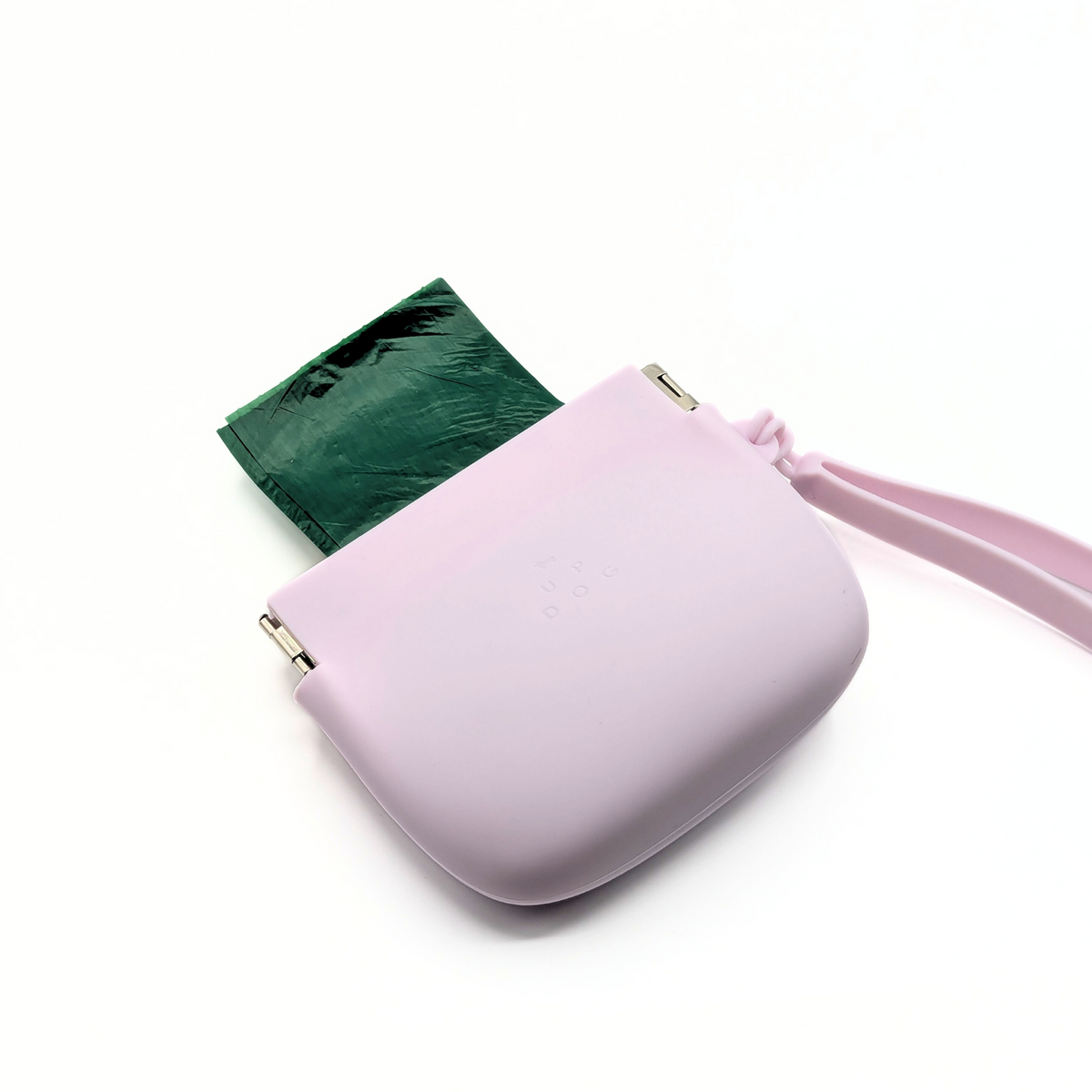 Mauve silicone treat pouch with wrist strap and visible waste bag roll accessory.