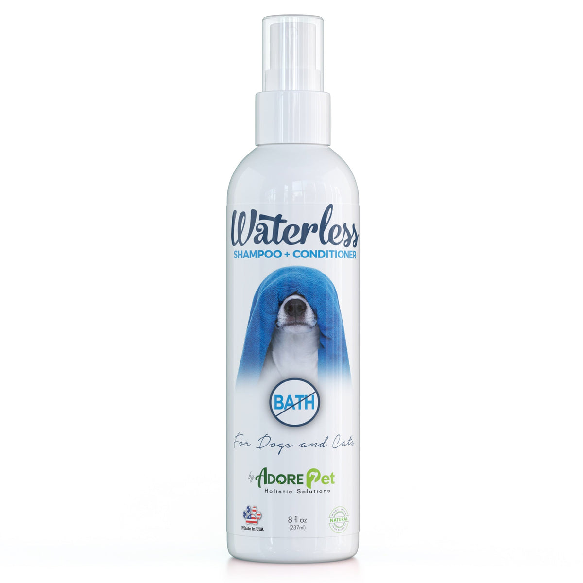 Waterless pet shampoo and conditioner bottle with spray pump, blue-and-clear label