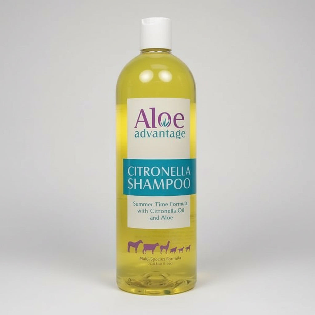 Aloe Advantage citronella pet shampoo bottle, yellow liquid with front label