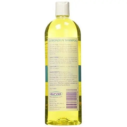 Aloe Advantage citronella shampoo bottle, back label with barcode and directions