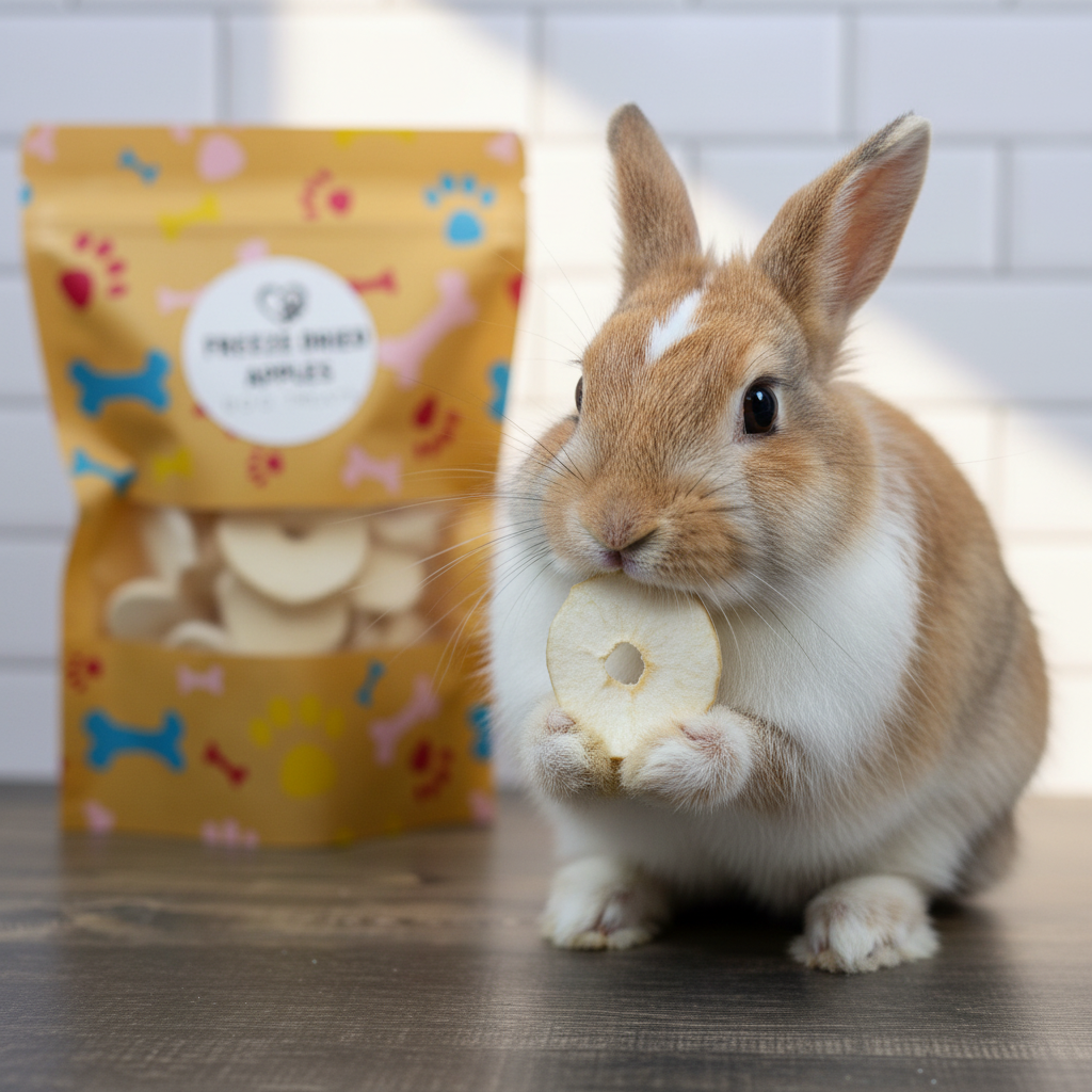 Freeze-dried apple pet treats pouch with apple slices, beside a sitting rabbit