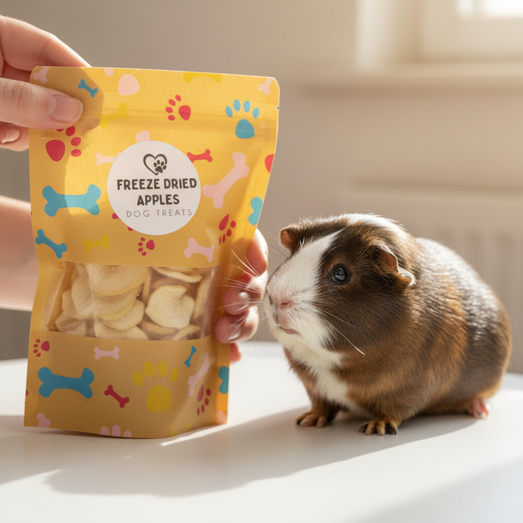 Freeze-dried apple pet treats pouch held beside a guinea pig, with apple slices