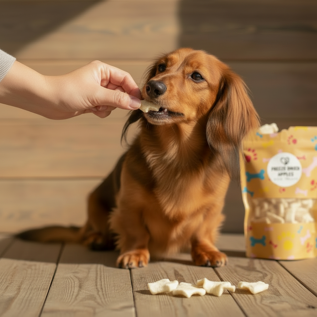 Freeze-dried apple pet treats on wooden floor while a dog takes a treat