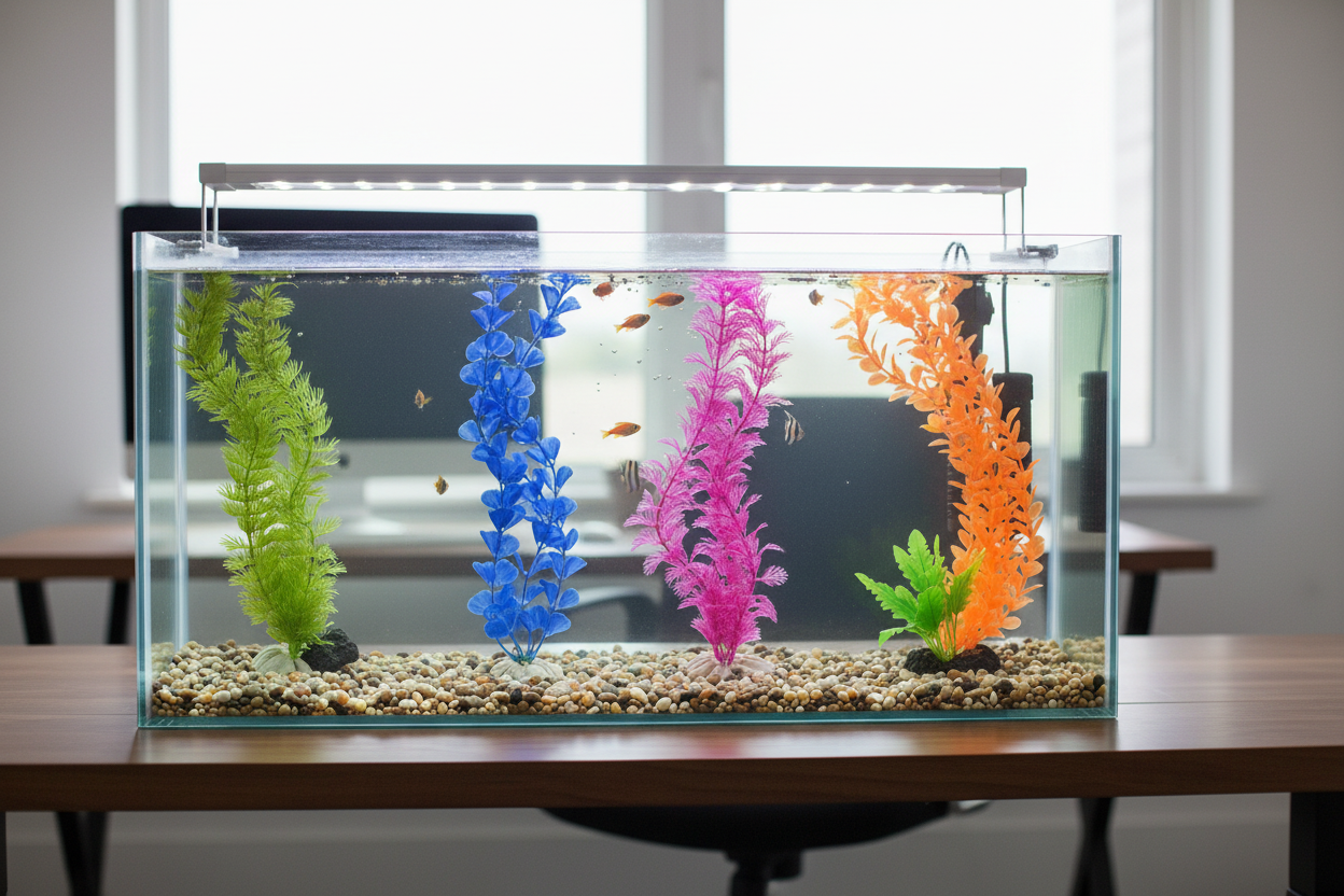 Aquarium tank with green, blue, pink, and orange plastic plants over gravel